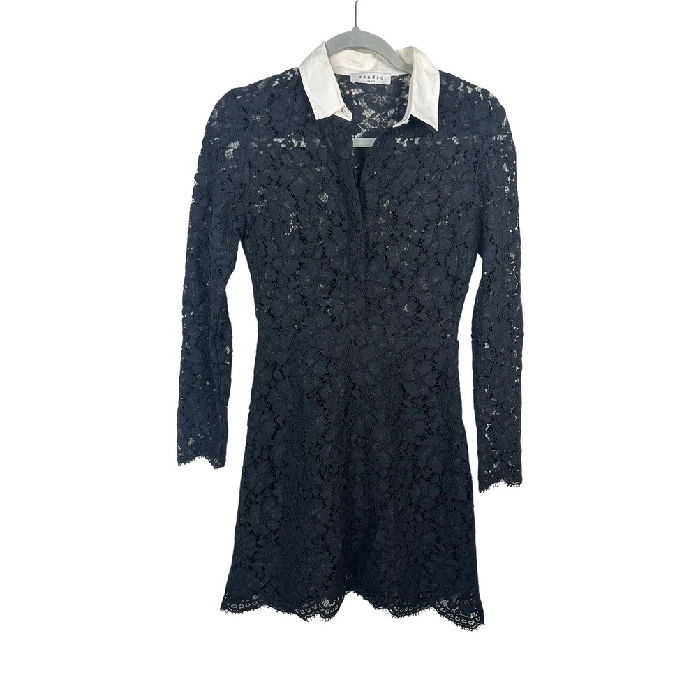 Sandro Lace Mini Dress Women 1 Black Very Good Contrast Collar Long Sleeve 3526 - Picture 1 of 8